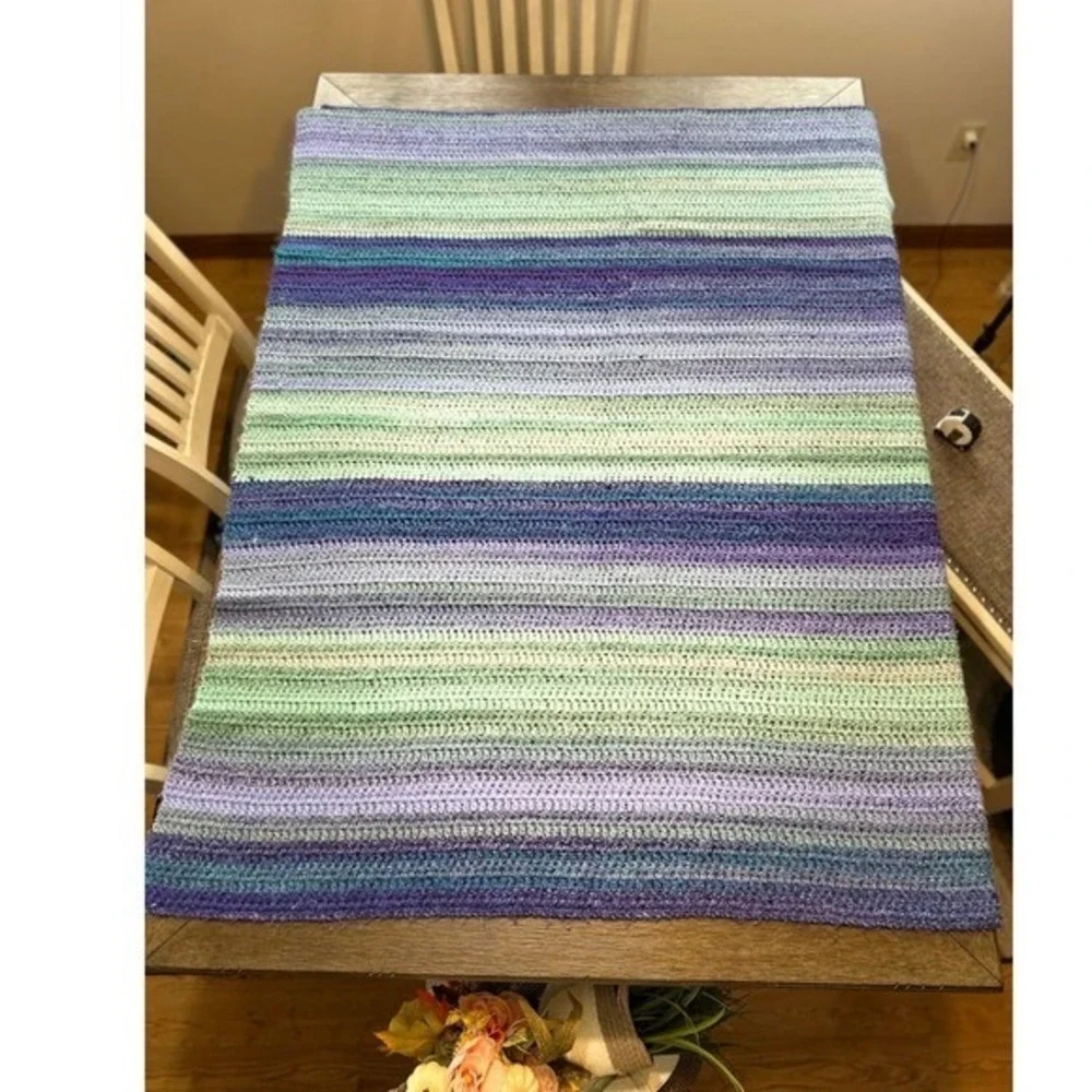 Hand‎ Knit Striped Crochet Blanket 54x43 Cozy Purple Green Blue